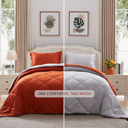 NexHome King Size Comforter Set Burnt Orange&Light Grey, 3 Pieces Lightweight Reversible Comforter King Size, All Season Fluffy Down Alternative Comforter Bed Set Quilt Blanket