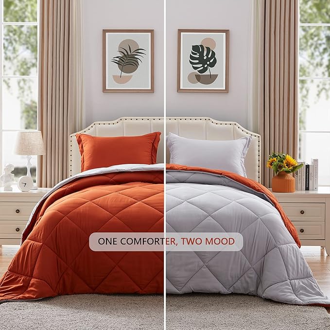 NexHome Twin Comforter Set Burnt Orange&Light Grey,2 Pieces Lightweight Comforters Twin Size Reversible Bedding Comforters Sets,Down Alternative Comforter Bed Set Quilt Blanket