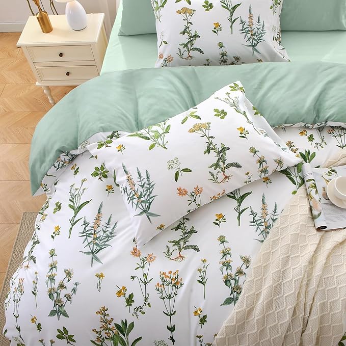 MUXHOMO Bed in a Bag Queen 7 Pieces, Queen Comforter Set Reversible Green Botanical Flowers Design, Ultra Soft & Breathable Bedding Sets with Comforter, Sheets, Pillowcases & Shams