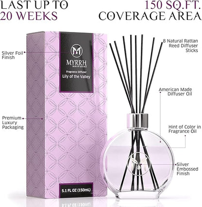 Lily of The Valley Scented Reed Diffuser Set with 8 Rattan Diffuser Sticks, 150 ml, All Natural Air Freshener, Long-Lasting Diffusers at Home - MyrrhUSA