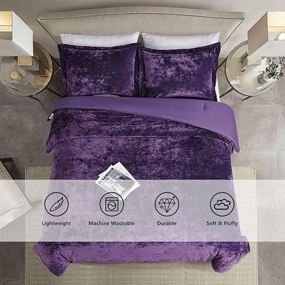 Luxury Velvet Queen Comforter Set, 3 Pieces Reversible Comforters Queen Size with 2 Pillow Shams, Brushed Solid Microfiber Back, All Season Cozy, Soft, Warm, Lightweight (Purple，90x90 Inch)