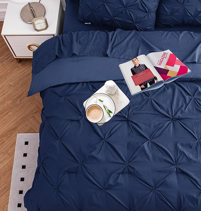 LANE LINEN 7 Piece King Size Bedding Set - Pintuck Detailing Ready to Style Bed in a Bag Collection - All Season Comforter, Sheets, Pillowcases & Shams - Easy Care Bedding for Busy Homes - Navy Blue | Style ready bed, Easy care home, Soft comfort, Seas...