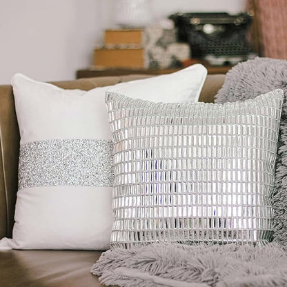 Fifth Avenue Pillow, Velvet Backing, Glass Stones, Dramatic, Hypoallergenic Fiber Insert, for Sophisticated Luxury Home Decor, Silver, 16", Sold Individually