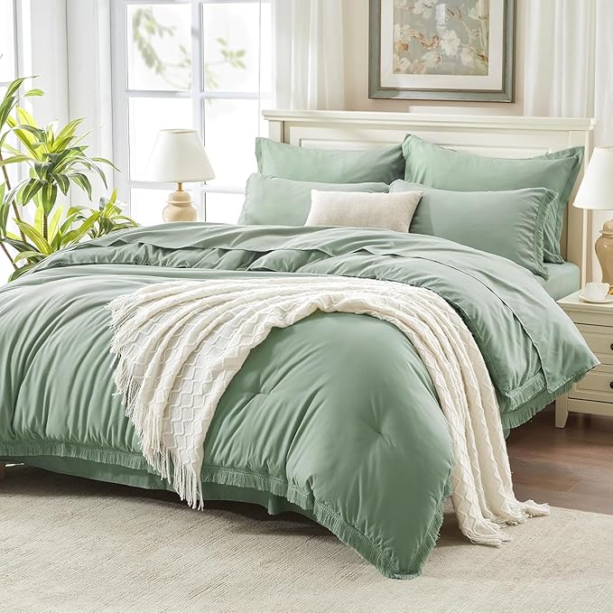 Andency Oversized King Comforter Set with Sheets 128x120 Sage Green - 7 Pieces Bed in a Bag Boho Soft Lightweight Bedding Sets, Tassel Bed Set with Comforter, Sheets, Pillowcases & Shams