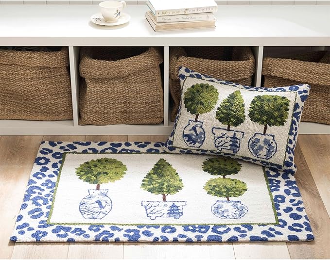 Peking Handicraft Topiaries with Leopard Print Border Hooked Wool 20" x 14" Throw Pillow with Polyfill Insert, Blue/White/Multi