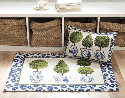 Peking Handicraft Topiaries with Leopard Print Border Hooked Wool 20" x 14" Throw Pillow with Polyfill Insert, Blue/White/Multi