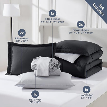 Nestl 7 Piece Full Comforter Set – Black Reversible Bed in a Bag – Complete Full Size Bedding Set with Sheets, Pillowcases and Shams