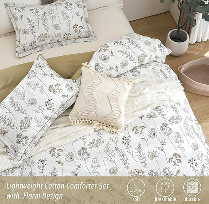 White Botanical Cotton Comforter King Size - 3PC Lightweight Bedding Sets with Ultra-Soft Alternative Fill, Luxurious Pale Mustard Reversible Design (1 Comforter, 2 Pillowshams)