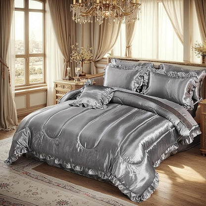 Satin Comforter Set with Sheet Set King 8 Pieces Silk Like Grey Bedding Silky Ruffle Pattern Luxury Silky Comforter Set with 1 Cushion Cover