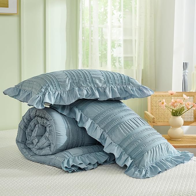 WONGS BEDDING Blue Comforter Set King,3 Pieces Ruffle Farmhouse Shabby Chic Boho Comforter for King Bed,Soft Textured Bedding Set with 1 Ruffle Comforter,2 Tufted Pillowcases 104"×90"