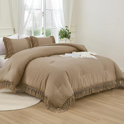 Andency Taupe Comforter Set California King, 3 Pieces Boho Tassel Lightweight Soft Bedding Comforter Sets for King Bed, All Season Fluffy Fringe Bed Set (104x96In Comforter & 2 Pillowcases)