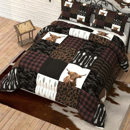 Highland Cow Comforter Sets for Kids Adults,3D Pattern with Dark Brown Colors,Decorative Bedding Comforter Sets with 2 Pillow Shams, Full Size