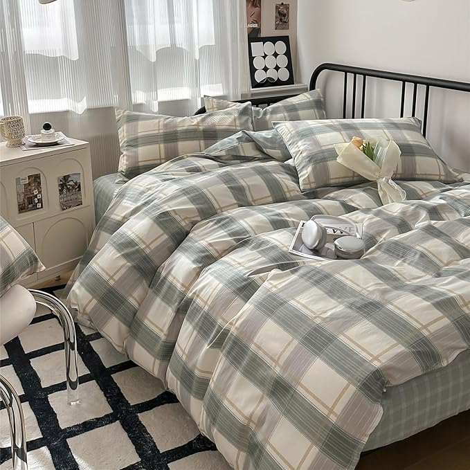 mixinni King Comforter Set Green Geometric Checkered Plaid Bedding Comforter Set Men Boys Modern Style All Season Soft Fluffy Lightweight Bedding Set-King Size