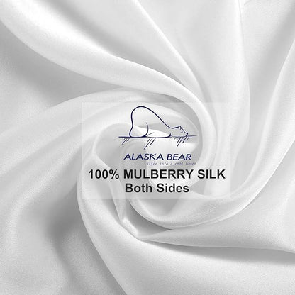 ALASKA BEAR Silk Pillowcase for Hair and Skin, Set of 2 Pure Genuine 22 Momme Mulberry Silk Pillow Cases Standard Size for Bliss Sleep Better Than Poly Satin, Zipper Closure(2pc, Cool White)