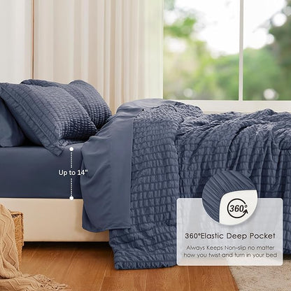 Love's cabin Seersucker Navy Blue California King Comforter Set, 7-Piece All Season Lightweight Bed in a Bag Bedding Set with Comforter, Flat Sheet, Fitted Sheet, Pillowcases and Shams | Soft, Breathable, Lightweight