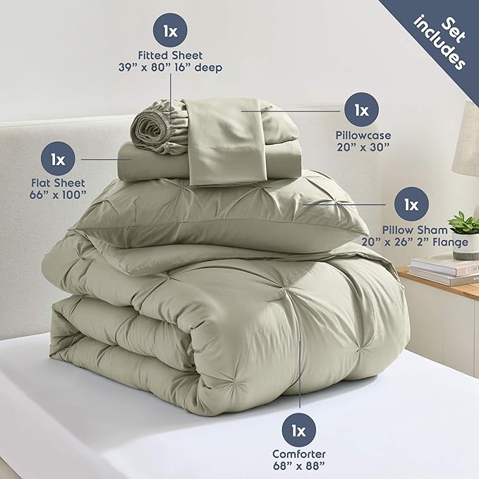 Nestl Twin XL Comforter Set 5 Piece - Pintuck Twin XL Bedding Set Light Sage, College Dorm Room Essentials Bed in a Bag, Twin XL Comforter Set for College Girls & Boys with Sheets, Pillowcase and Sham