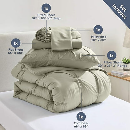 Nestl Twin XL Comforter Set 5 Piece - Pintuck Twin XL Bedding Set Light Sage, College Dorm Room Essentials Bed in a Bag, Twin XL Comforter Set for College Girls & Boys with Sheets, Pillowcase and Sham