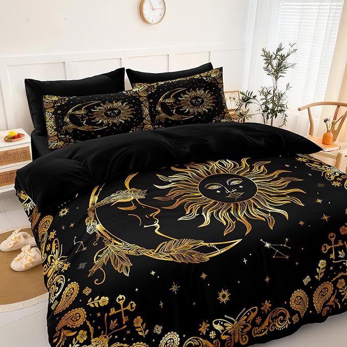Black Gold Comforter Sets Sun and Moon Bedding Gold Stars Starry Sky Galaxy Theme Boho Chic Bedding Comforter Paisley Floral Botanical Exotic Comforter King Bed in A Bag