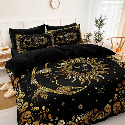 Black Gold Comforter Sets Sun and Moon Bedding Gold Stars Starry Sky Galaxy Theme Boho Chic Bedding Comforter Paisley Floral Botanical Exotic Comforter King Bed in A Bag
