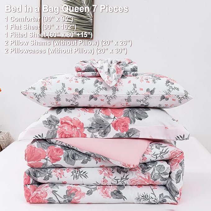 Floral Queen Comforter Set with Sheets, 7 Piece Luxury Vintage Bedding, Soft Microfiber Bed in a Bag, Cozy Lightweight Bed Set, Pink Flower Grey Leaf