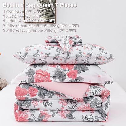 Floral Queen Comforter Set with Sheets, 7 Piece Luxury Vintage Bedding, Soft Microfiber Bed in a Bag, Cozy Lightweight Bed Set, Pink Flower Grey Leaf
