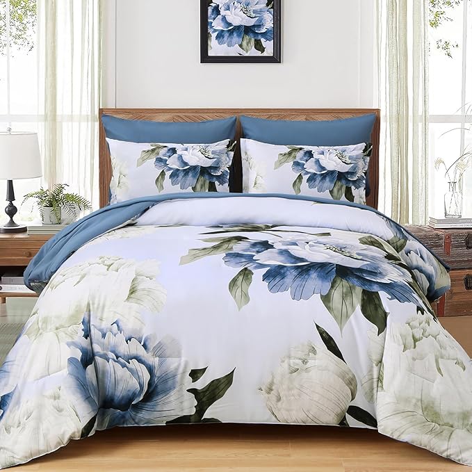 Dobuyly Blue Twin Comforter Set 5 Piece Bed in a Bag Twin Size, Blue Floral Print on Light Blue Comforter Set with Sheets, Soft Microfiber Complete Bedding Set for All Season