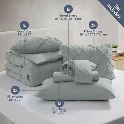 Nestl 7 Piece Comforter Set - Pinch Pleated Bedding - Sage Green, All Season Full Size Bed Set with Sheets, Comforter, Pillowcases and Shams