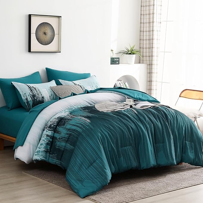 WONGS BEDDING Comforter Set King, Teal Green 7 Pieces Bed in a Bag Colorful Abstract Art Gradient Comforter Soft Microfiber Bedding Set with Comforter, Flat Sheet,Fitted Sheet,Pillow Shams,Pillowcases