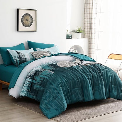 WONGS BEDDING Comforter Set King, Teal Green 7 Pieces Bed in a Bag Colorful Abstract Art Gradient Comforter Soft Microfiber Bedding Set with Comforter, Flat Sheet,Fitted Sheet,Pillow Shams,Pillowcases