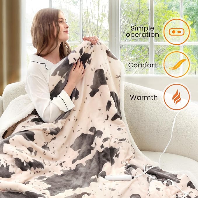 Cow Print Heated Throw Blanket Electric Blanket-Heating Blanket Throw with 10 Heat Levels & 10 Hours Auto-Off, Cozy Soft Fleece Sherpa, Washable, 50 x 60 Inches Cow Print Light Coral