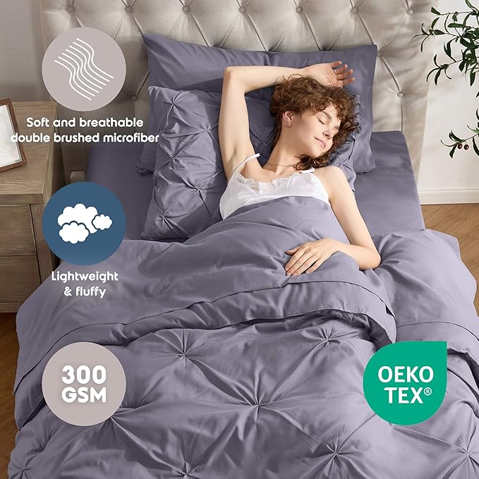 Nestl Twin XL Comforter Set 5 Piece - Pintuck Twin XL Bedding Set Dusty Purple, College Dorm Essentials Bed in a Bag, Twin XL Comforter Set for College Girls and Boys with Sheets, Pillowcase and Sham