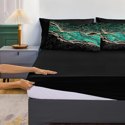 Black Gold Comforter 8 Pieces Queen Bed in a Bag, Emerald Green Marble Bed Set with Comforter, Fitted Sheet, Flat Sheet, Matching Pillowcases, Abstract Bedding Set for All Season
