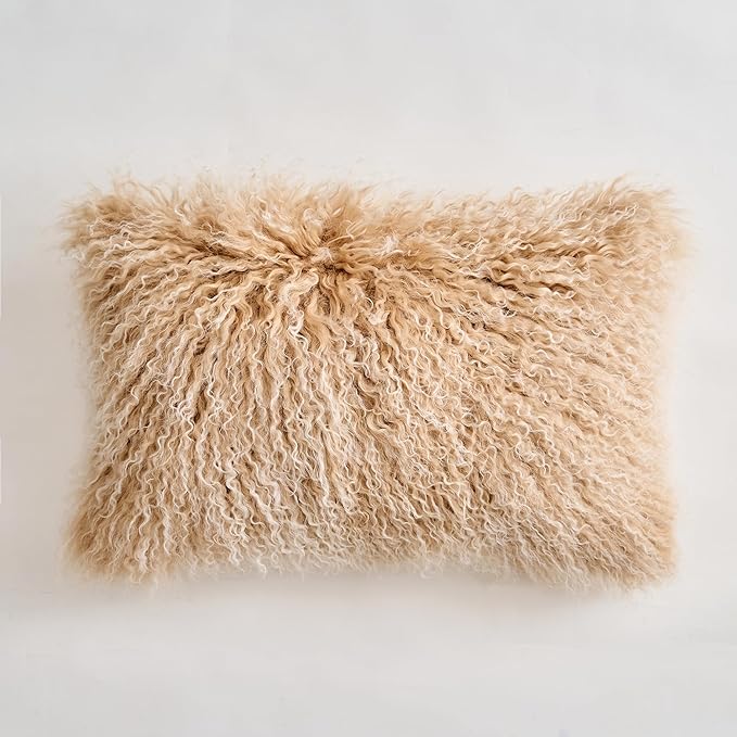 Genuine Mongolian Lamb Fur Pillow Cover – 12"x20" Rectangular Cushion Case – Soft Curly Wool Decorative Accent for Sofa, Bed, or Chair (Frosted Beige)