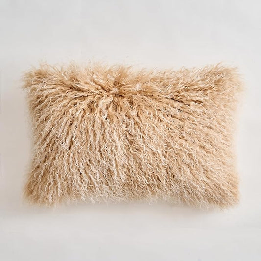 Genuine Mongolian Lamb Fur Pillow Cover – 12"x20" Rectangular Cushion Case – Soft Curly Wool Decorative Accent for Sofa, Bed, or Chair (Frosted Beige)