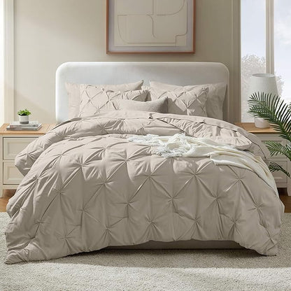 Nestl King Size Comforter Set 7 Pieces - Pinch Pleated Comforter Set in Beige, Bed in a Bag, All Season Bedding Set with Flat Sheet, Fitted Sheet, Pillowcases and Shams