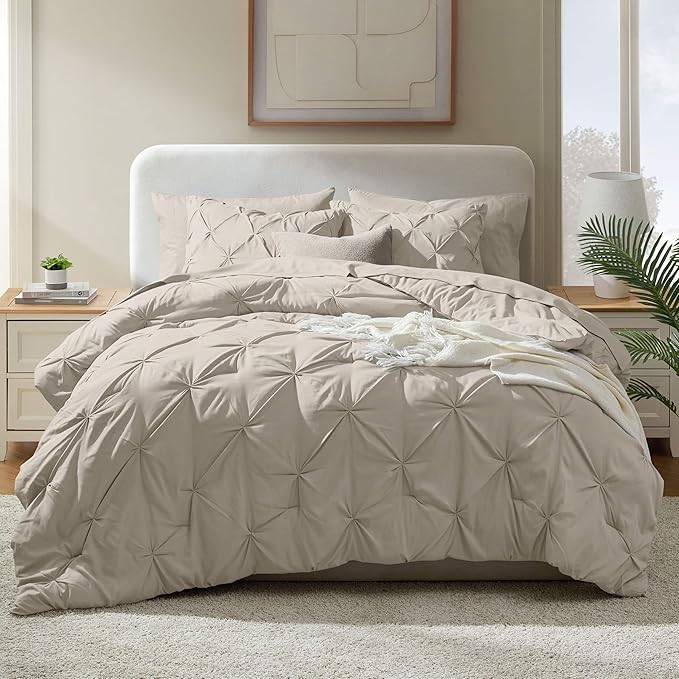 Nestl Queen Comforter Set 7 Piece - Pinch Pleated Comforters Queen Size Beige, Bed in a Bag Queen All Season, Queen Size Comforter Sets Bedding with Flat Sheet and Fitted Sheet, Pillowcases and Shams