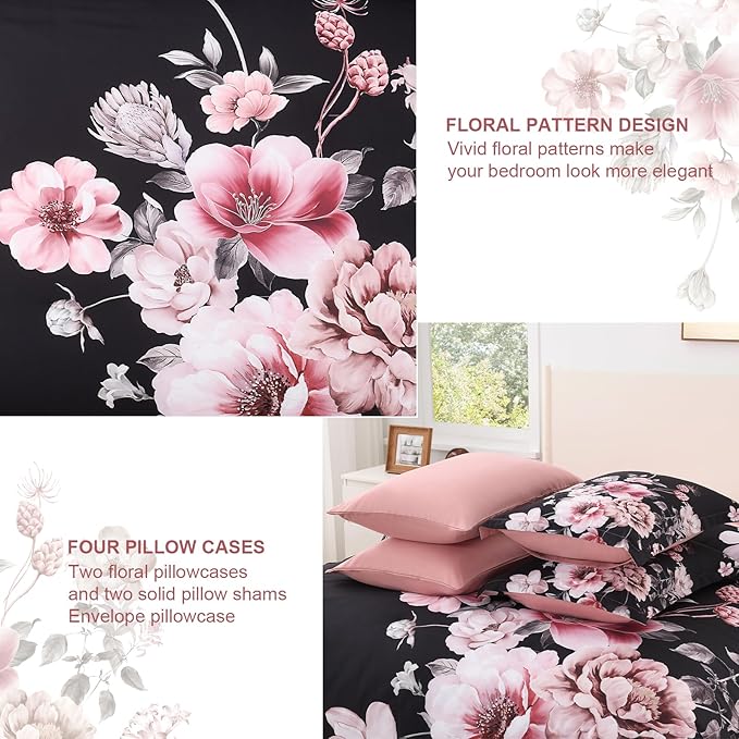 Floral King Size Comforter Set - 7 Piece Botanical Black and Pink Bed in a Bag Ulter Soft Microfiber Bedding Set, Lightweight Bed Comforter Set with Sheets for All Season (Black, King)