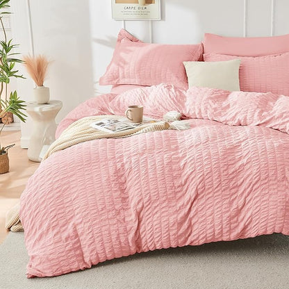 HYMOKEGE Rose Pink California King Comforter Set Seersucker 7 Pieces, All Season Luxury Bed in a Bag for Bedroom, Bedding Set with Comforter, Sheets, Pillowcases & Shams