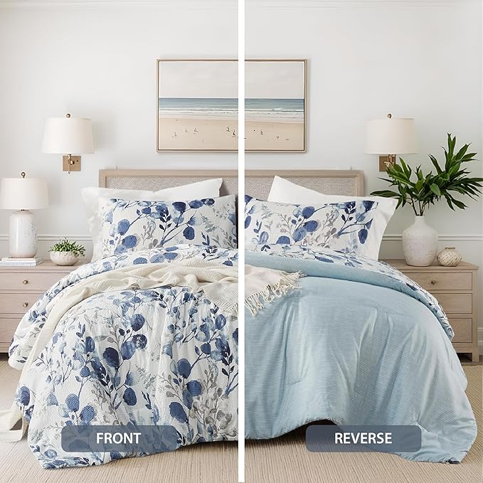 Lightweight Seersucker Botanical Queen Size Comforter Set, 3 Pieces Reversible Design Bed Comforter, Premium Microfiber Bedding Set, Comforter and Shams Set, Blue
