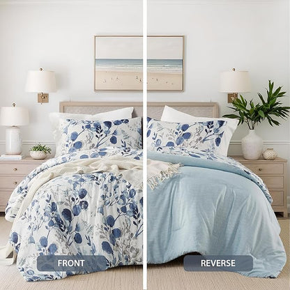 Lightweight Seersucker Botanical King Size Comforter Set, 3 Pieces Reversible Design Bed Comforter, Premium Microfiber Bedding Set, Comforter and Shams Set, Blue