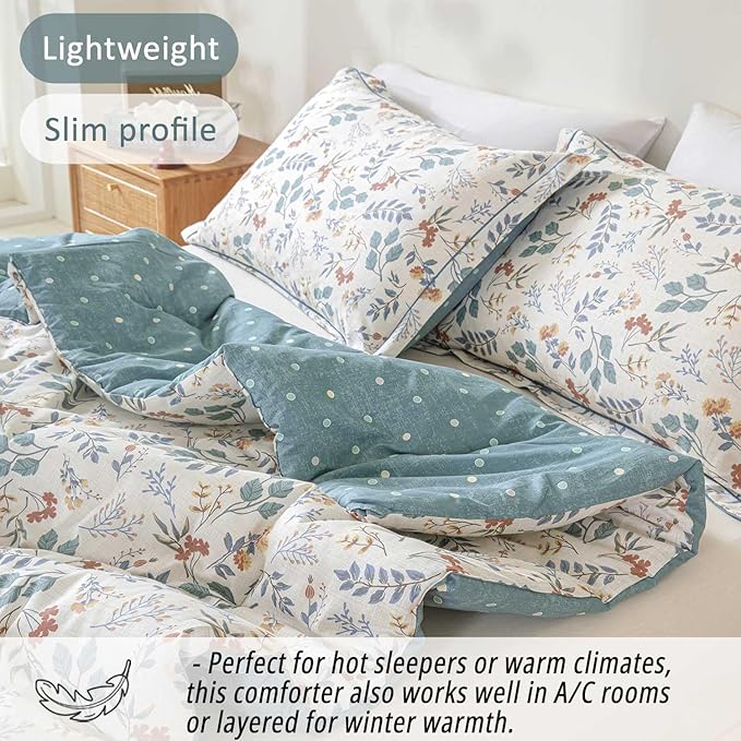 Botanical Cotton Comforter Queen Size - Lake Green Comforter with Dusky Blue & Warm Rust Leaves on Ivory,Reversible Lightweight Bedding Sets 3Pcs(Polka Dot)
