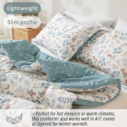Botanical Cotton Comforter Queen Size - Lake Green Comforter with Dusky Blue & Warm Rust Leaves on Ivory,Reversible Lightweight Bedding Sets 3Pcs(Polka Dot)