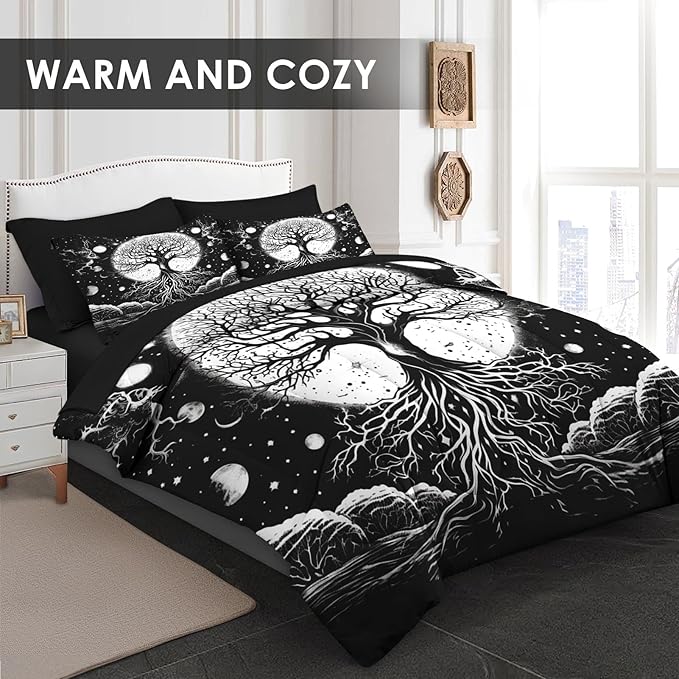 Comforter Set Twin Size, Tree of Life Dark Magic 5 Pcs Bedding for Kids and Adults, Sun Moon Bed Sheet Sets with Fitted Sheet Pillowcase & Sham for Bedroom Bed Decor