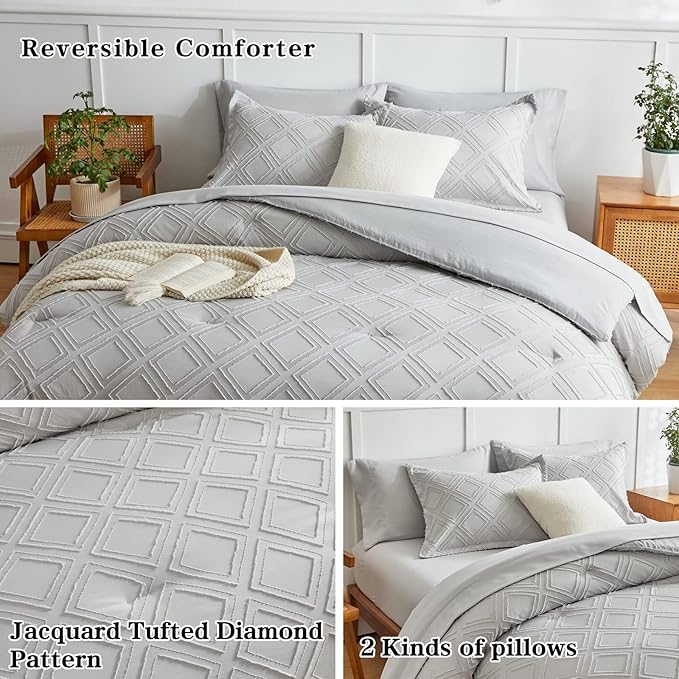 6 Pieces Tufted Bed in a Bag Twin Comforter Set with Sheets Light Grey, Soft and Embroidery Shabby Chic Boho Bohemian Design, Solid Color with Diamond Pattern, Jacquard Tufts Bedding Set for Kids