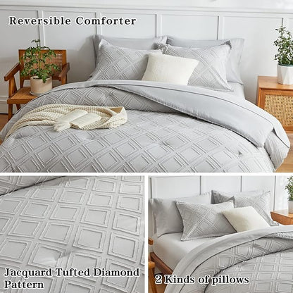 6 Pieces Tufted Bed in a Bag Twin Comforter Set with Sheets Light Grey, Soft and Embroidery Shabby Chic Boho Bohemian Design, Solid Color with Diamond Pattern, Jacquard Tufts Bedding Set for Kids