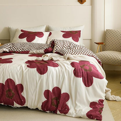 CLOTHKNOW Burgundy Sunflower Queen Comforter Set Floral Bedding Comforter Sets Brown Grid Queen Comforter Boho Comforter with 2 x Pillowcases
