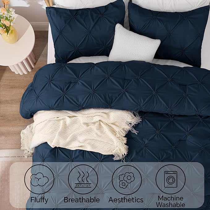 BEDELITE Navy Twin Comforter Set - 2 Peices Boho Pintuck Bedding Comforter Sets, Lightweight Soft & Warm Twin Bedding Sets with 1 Pillowcase for All Season