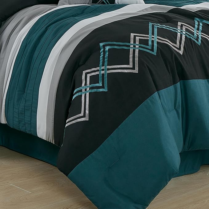 Chezmoi Collection Arden 7-Piece Modern Pleated Stripe Embroidered Zigzag Bedding Comforter Set (California King, Teal/Black/Gray)