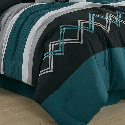 Chezmoi Collection Arden 7-Piece Modern Pleated Stripe Embroidered Zigzag Bedding Comforter Set (Full, Teal/Black/Gray)