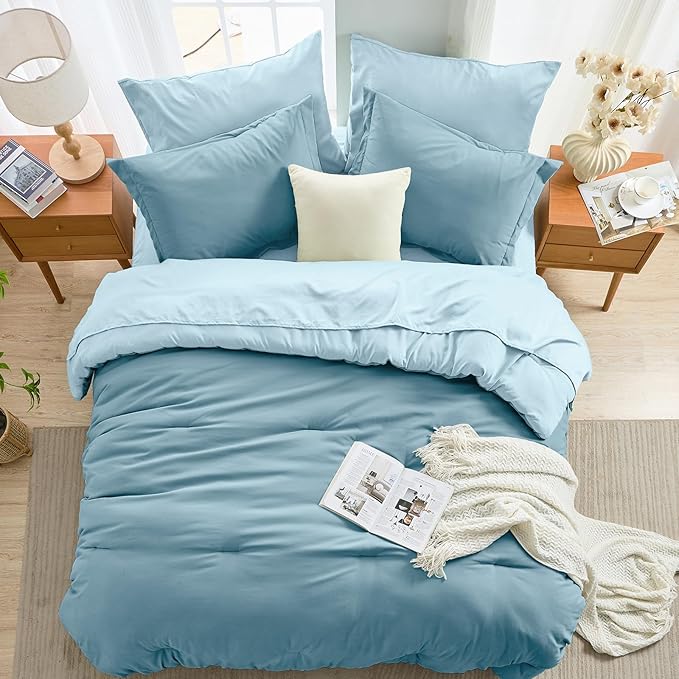 MUXHOMO 7 Pieces Full Comforter Set, Soft Bed in a Bag Full Size, All Season Bedding Set with Comforter, Flat Sheet, Fitted Sheet, Pillowcases & Shams, Mineral Blue & Light Blue
